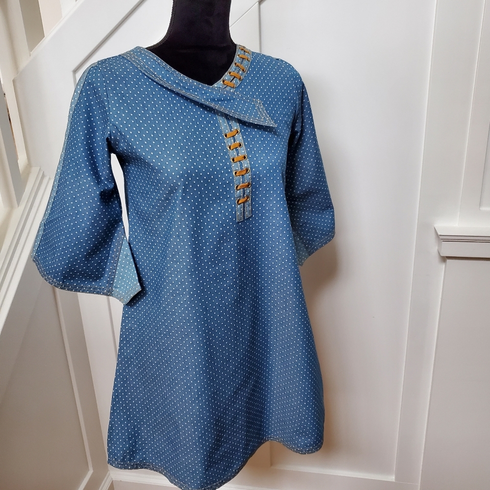 Light denim blue polka dot long smock tunic top kurta